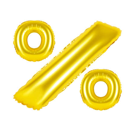 percent from golden balloons on a white background. discounts and sales, holidays and educationの写真素材