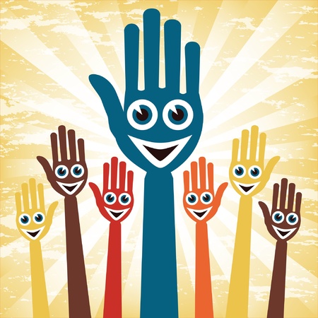 Hands with happy faces with a sunburst background. のイラスト素材