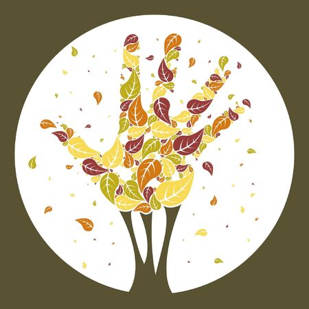 Leaves falling from a hand shaped tree with copy space vector. のイラスト素材