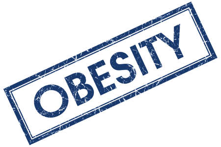 Obesity blue square grungy stamp isolated on white backgroundの写真素材