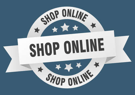 shop online round ribbon isolated label. shop online signのイラスト素材