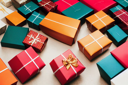 beautiful Christmas gift boxes on the floor. Christmas giftの写真素材