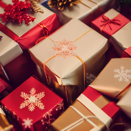 beautiful Christmas gift boxes on the floor. Christmas gift