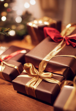 beautiful Christmas gift boxes on the floor. Christmas gift