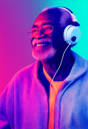 Grandpa listens to music. Cool old black man wearing headphones listening musicの写真素材