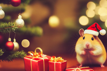 Christmas hamster. Cute hamster with christmas gift. Hamster celebrating christmasの写真素材