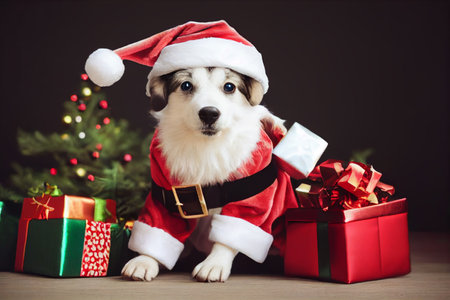 Puppy santa claus. Dog celebrating christmas. Cute  puppy with christmas gifts and santa's hatの写真素材