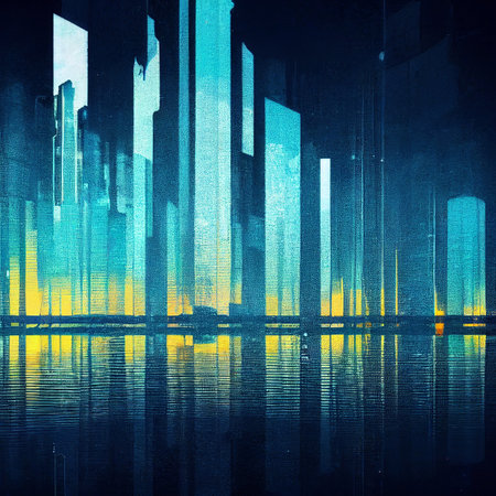 Abstract modern cityscape background. Glitch colorful metropolitan scenery. Cityscape. Skyscrapersの写真素材