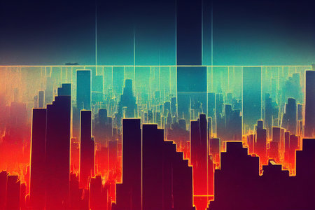Abstract modern cityscape background. Glitch colorful metropolitan scenery. Cityscape. Skyscrapers