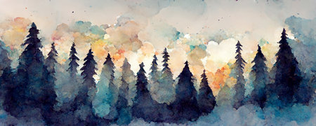 Watercolor painting of a spruce forest. Forest silhouette backgroundの写真素材