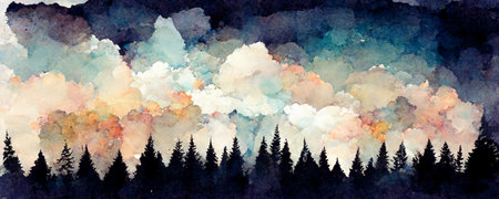 Watercolor painting of a spruce forest. Forest silhouette backgroundの写真素材