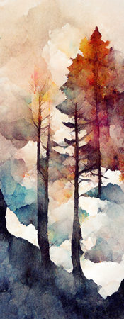 Watercolor painting of a spruce forest. Forest silhouette backgroundの写真素材