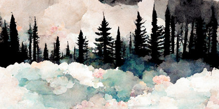 Watercolor painting of a spruce forest. Forest silhouette backgroundの写真素材