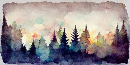 Watercolor painting of a spruce forest. Forest silhouette backgroundの写真素材