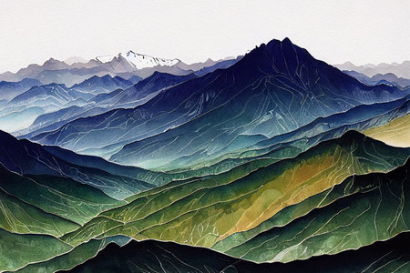 Watercolor mountains silhouettes. Hilly landscape illustration. Mountains