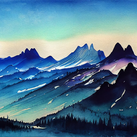 Watercolor mountains silhouettes. Hilly landscape illustration. Mountainsの写真素材