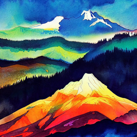 Watercolor mountains silhouettes. Hilly landscape illustration. Mountainsの写真素材