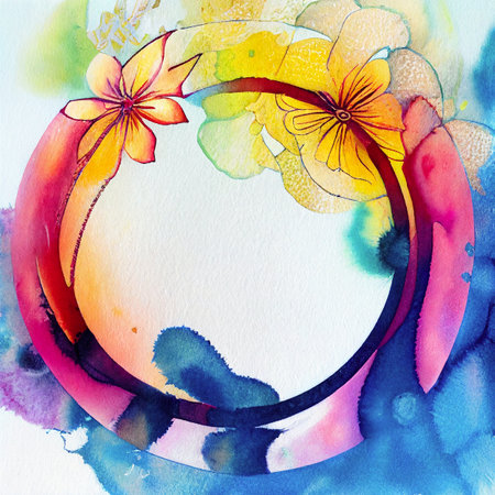 watercolor floral circle.  ring of flowers. round flower frameの写真素材