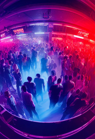 Disco. Nightclub. Big party. A huge crowded disco party in a nightclub