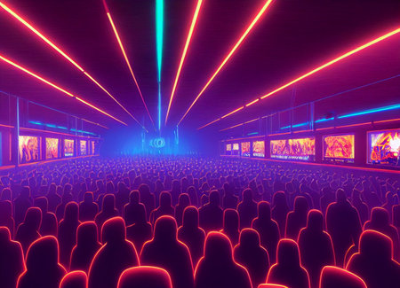 Disco. Nightclub. Big party. A huge crowded disco party in a nightclubの写真素材