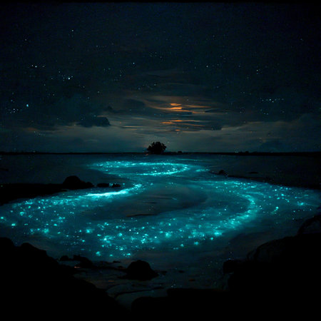 Bio luminescent ocean. Bioluminescent plankton in the sea. Bioluminescenceの写真素材