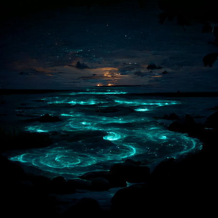 Bio luminescent ocean. Bioluminescent plankton in the sea. Bioluminescenceの写真素材