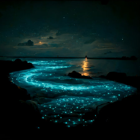 Bio luminescent ocean. Bioluminescent plankton in the sea. Bioluminescenceの写真素材