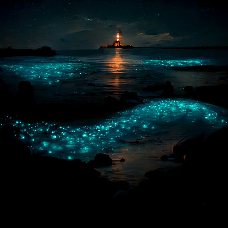 Bio luminescent ocean. Bioluminescent plankton in the sea. Bioluminescenceの写真素材