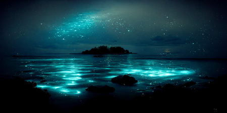 Bio luminescent ocean. Bioluminescent plankton in the sea. Bioluminescenceの写真素材