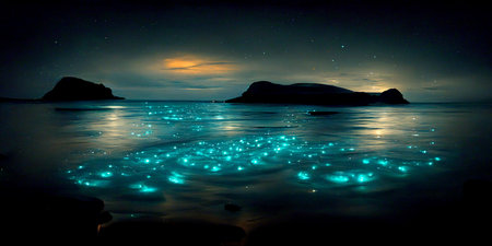 Bio luminescent ocean. Bioluminescent plankton in the sea. Bioluminescence