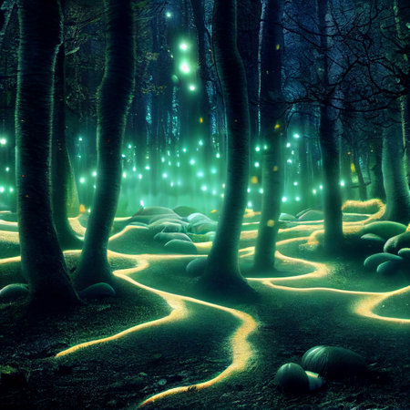 Magical shimmering mushrooms in a mysterious forest. Glowing mushroomsの写真素材