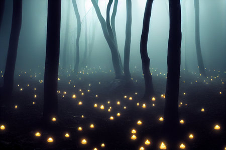 Magical shimmering mushrooms in a mysterious forest. Glowing mushroomsの写真素材