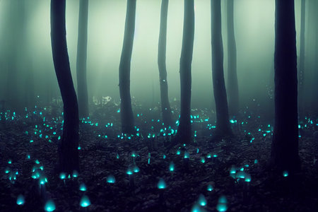 Magical shimmering mushrooms in a mysterious forest. Glowing mushroomsの写真素材