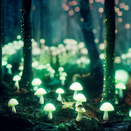 Magical shimmering mushrooms in a mysterious forest. Glowing mushroomsの写真素材