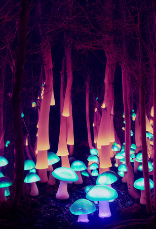 Magical shimmering mushrooms in a mysterious forest. Glowing mushroomsの写真素材