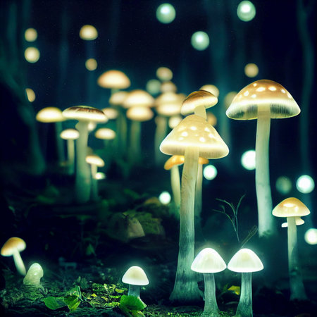 Magical shimmering mushrooms in a mysterious forest. Glowing mushrooms