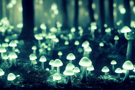 Magical shimmering mushrooms in a mysterious forest. Glowing mushroomsの写真素材