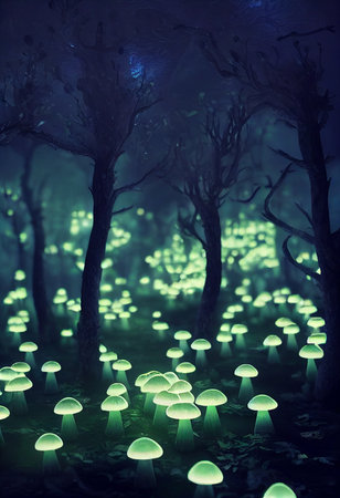 Magical shimmering mushrooms in a mysterious forest. Glowing mushroomsの写真素材