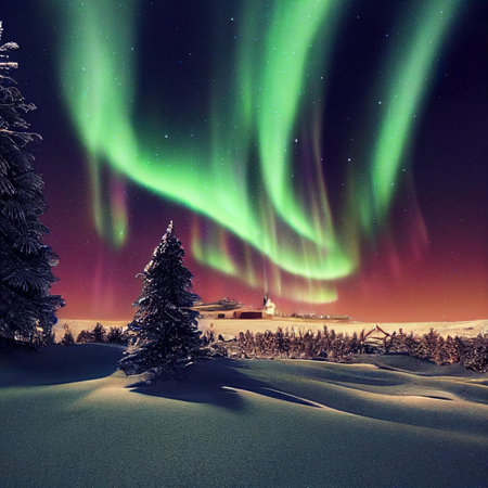 Winter christmas landscape. Winter starry sky. Magical fairy light. Christmas treeの写真素材