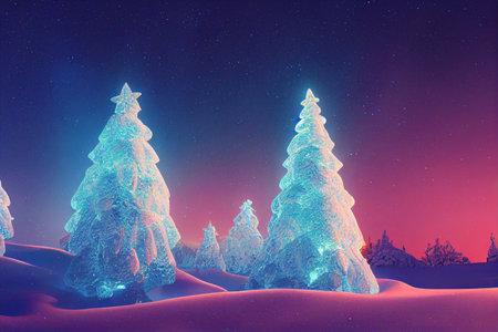 Winter christmas landscape. Winter starry sky. Magical fairy light. Christmas treeの写真素材