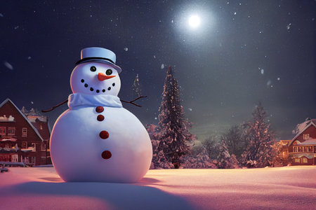 Magical christmas night. Snowman in winter christmas landscape. Snowmanの写真素材