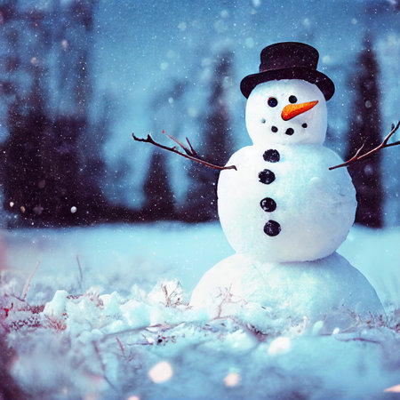 Magical christmas night. Snowman in winter christmas landscape. Snowman