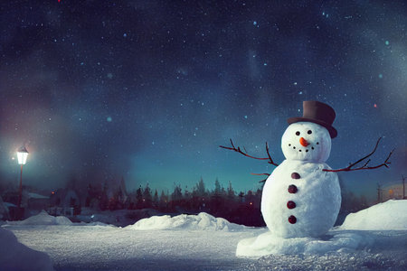 Magical christmas night. Snowman in winter christmas landscape. Snowmanの写真素材
