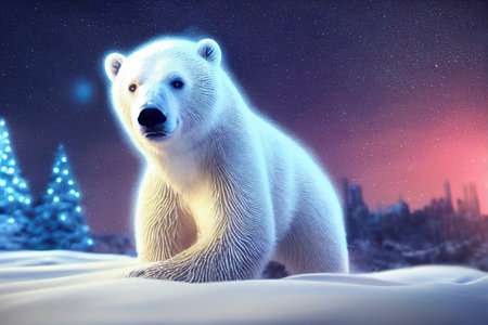 Magical Christmas scenery. Christmas polar bear in the winter landscape. Polar bear Santaの写真素材