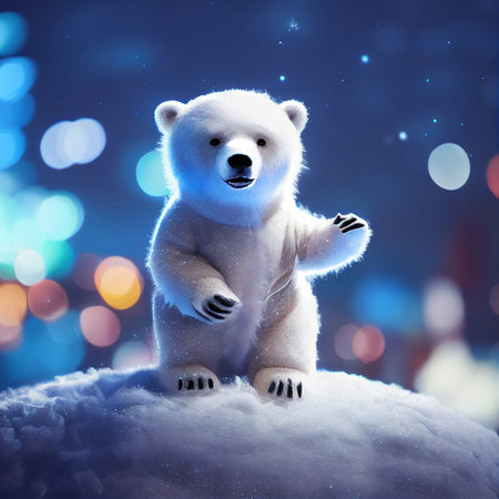 Magical Christmas scenery. Christmas polar bear in the winter landscape. Polar bear Santaの写真素材