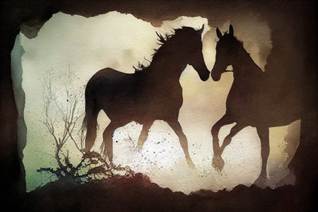 Horse watercolor double exposure background. Abstract colorful horse backgroundの写真素材