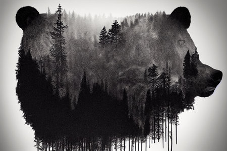 Bear double exposure background. Abstract bear background