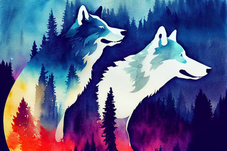 Wolf watercolor double exposure background. Abstract colorful wolf background