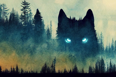 Wolf watercolor double exposure background. Abstract colorful wolf background