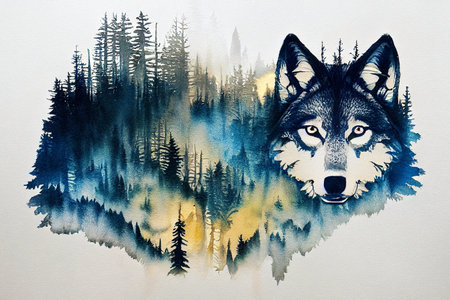 Wolf watercolor double exposure background. Abstract colorful wolf background